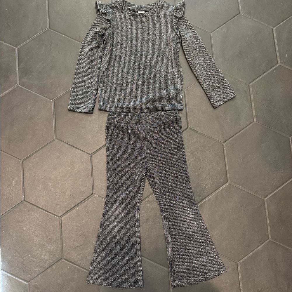 Gray Ruffled Long Sleeve Top and Flared Pants Set